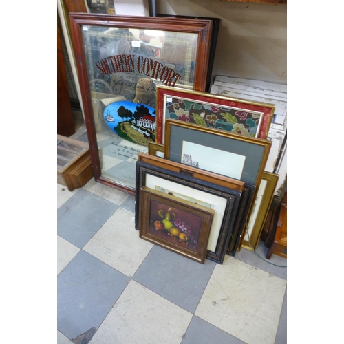 383 - A Southern Comfort advertising mirror, assorted prints and still life of fruit, oil painting