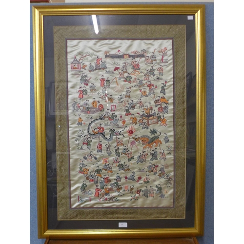 40 - A large Chinese silk embroidery, framed