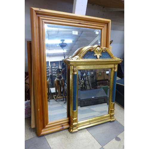 408 - A gilt and teal framed mirror and a pine mirror