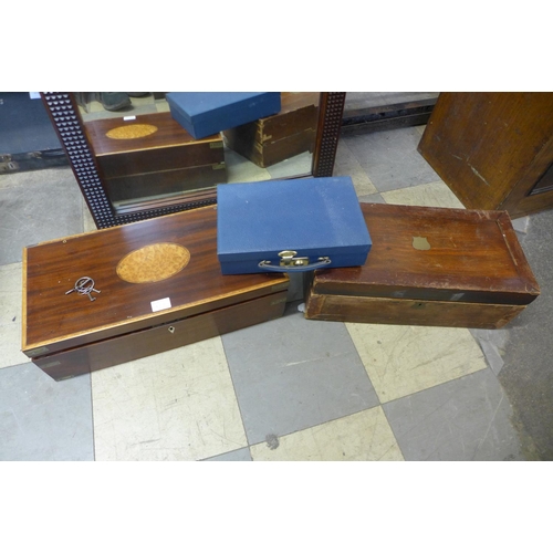 41d - A Victorian mahogany, brass and maple inlaid writing slope, a mahogany writing slope and a correspon... 