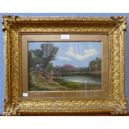 6 - English School, landscape with a cottage by a river, oil on board, unsigned, 23 x 34cms, framed