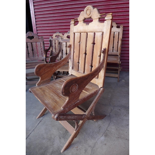 90a - A Gothic Revival hardwood refectory table and six chairs, manner of A.W.N. Pugin, table; 78cms h, 19... 