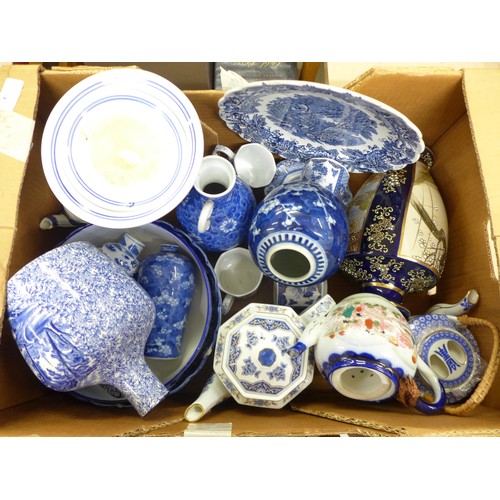 1172 - A box of blue and white china, including oriental ginger jar, oriental vases, Booths Old Willow teap... 