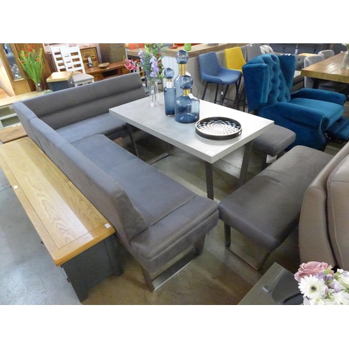 1303 - A stone upholstered corner bench, stone effect dining table and two benches, (RW116, 117 & 114) * th... 