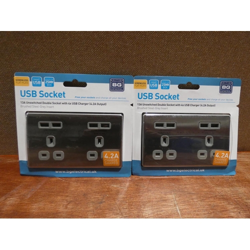 3043 - Two 4 port Nexus USB Sockets - brushed steel/grey insert (205-369) * This Lot Is Subject To Vat