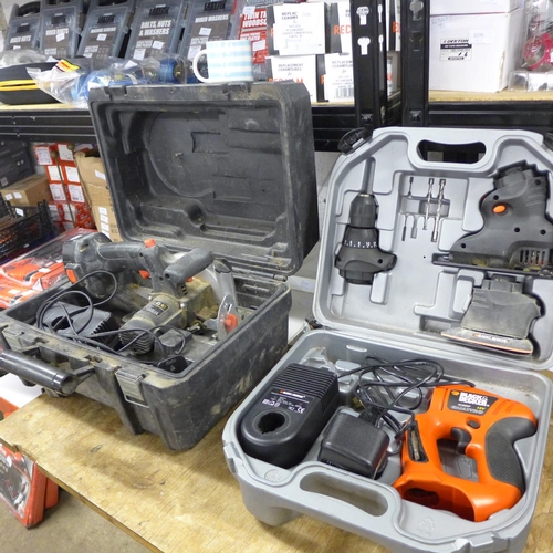 2038 - SIP 18v cordless circular saw - a/f - Black & Decker multi-tool set, battery a/f - in cases