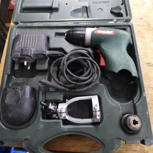 2051 - Metabo 4.8v battery drill/driver with angled screwdriver attachment and chuck, charger and a/f batte... 