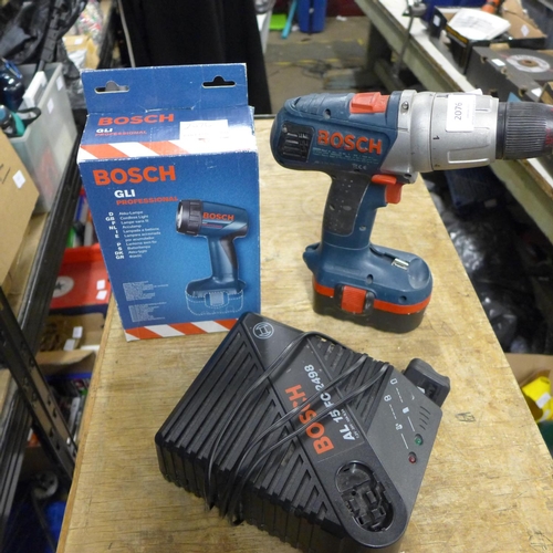 2076 - Bosch 18v battery drill, torch & charger