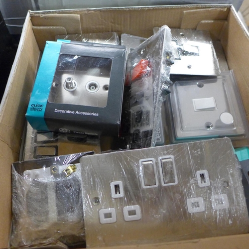 2598 - 2 Boxes of brushed chrome & polished chrome switches, sockets, cooker point, etc. - all unused