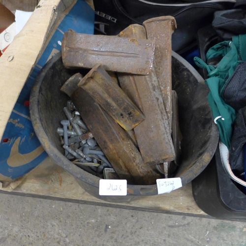 2625 - Tub of wooden wedges, bolts, etc.