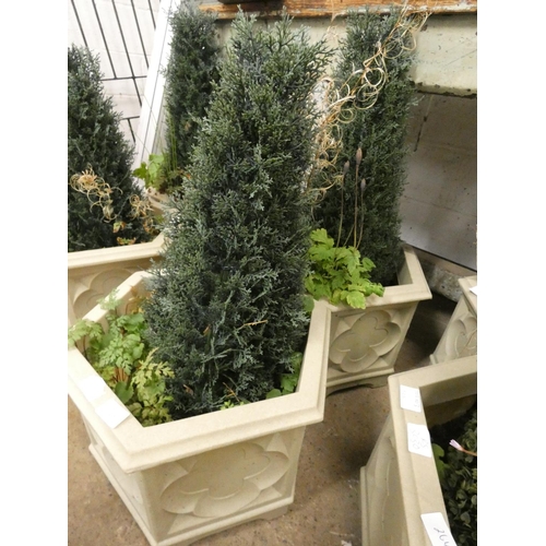 2643 - Pair of artificial conifers in hexagonal plastic pots