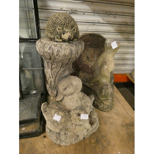 2664 - Duck fountain, small hedgehog, 2 piece stone birdbath