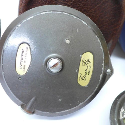 Fishing reels, Hardy Bros. Marquis 10, a Bakelite Allcock Aerialite, an  Intrepid Gear Fly King Size