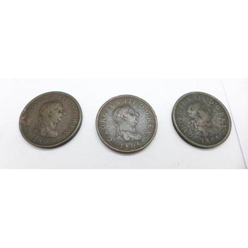 1000 - Three George III Britannia coins, 2 x 1806 and one 1807