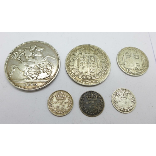 1002 - A Victorian 1890 crown and five other Victorian silver coins, 50.5g