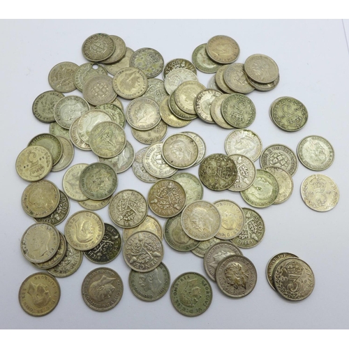 1006 - Approximately 80 pre 1947 three pence coins, 111.4g