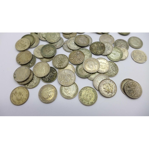 1006 - Approximately 80 pre 1947 three pence coins, 111.4g