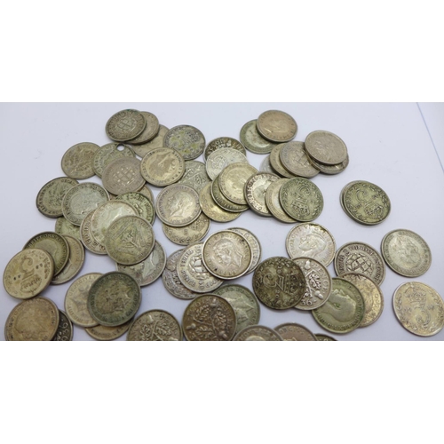 1006 - Approximately 80 pre 1947 three pence coins, 111.4g