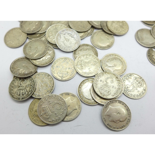 1007 - Approximately 60 pre 1920 3d coins including eighteen Victorian, 82.3g