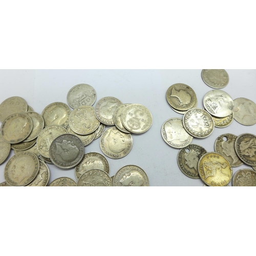 1007 - Approximately 60 pre 1920 3d coins including eighteen Victorian, 82.3g