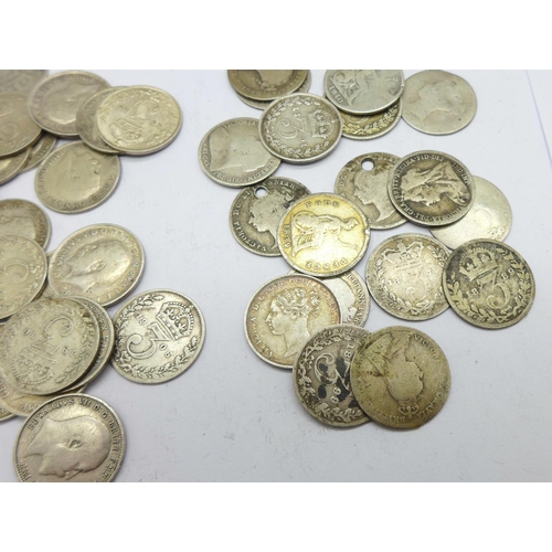 1007 - Approximately 60 pre 1920 3d coins including eighteen Victorian, 82.3g