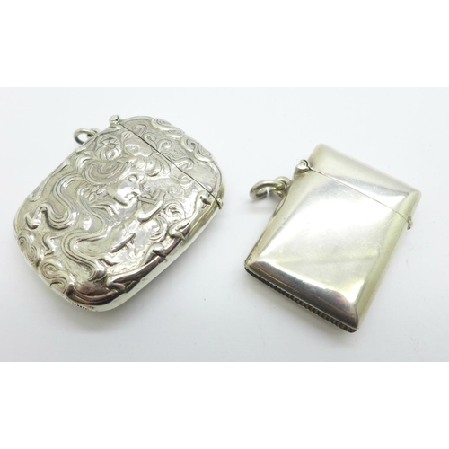 1121 - An Art Nouveau silver vesta case marked Sterling, 34g and one other silver vesta case, 22g