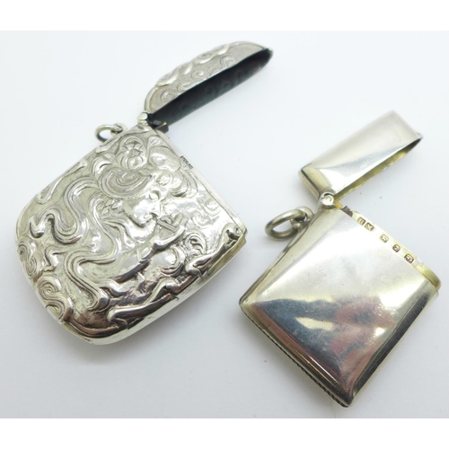 1121 - An Art Nouveau silver vesta case marked Sterling, 34g and one other silver vesta case, 22g