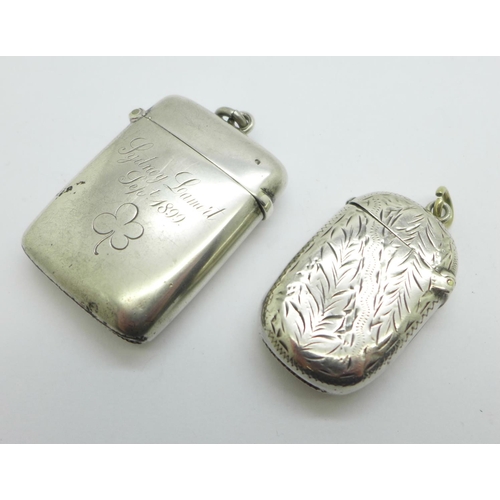 1123 - Two silver vesta cases, one engraved Sydney Lamert, Sept. 1899, 47g