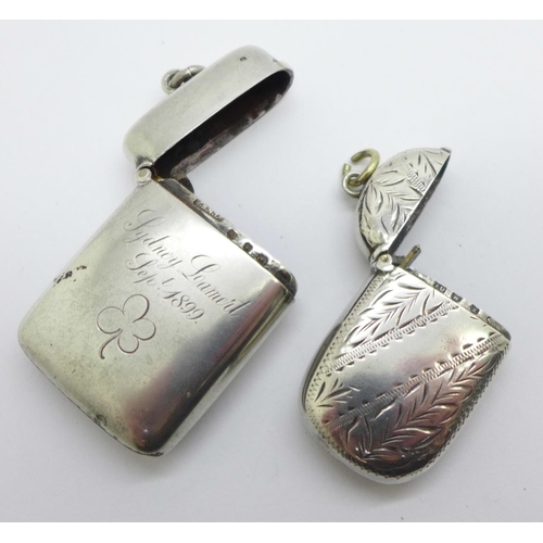 1123 - Two silver vesta cases, one engraved Sydney Lamert, Sept. 1899, 47g