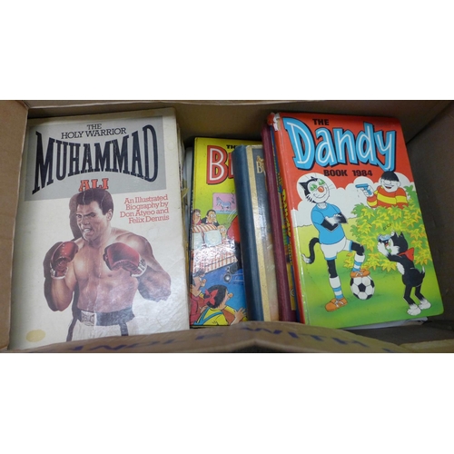 1235 - A box of children's books and annuals including The Dandy, The Beano, The Wonder Book of Soldiers an... 