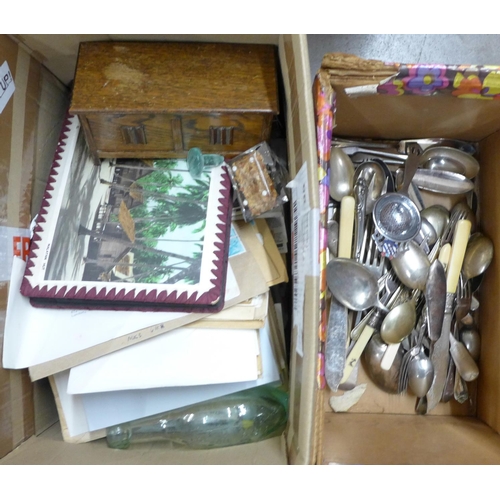 1239 - Four boxes of assorted items, postal history, flatware, china, glass, etc. **PLEASE NOTE THIS LOT IS... 