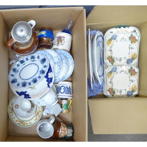 1243 - Two boxes of mixed decorative china including a Victorian mug 'Longest Reign of a Monarch', plates, ... 