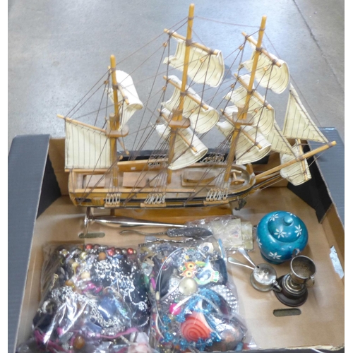 1244 - Two bags of costume jewellery, a model of The Bounty and plated items **PLEASE NOTE THIS LOT IS NOT ... 