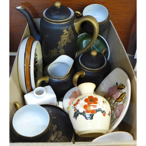 688 - A Moorcroft lidded pot, a Radford vase, a Jersey pottery dish, etc.