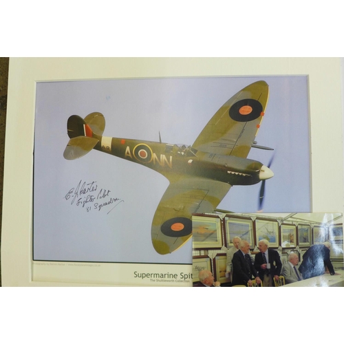 689 - A signed print of a spitfire, E.J. Carter fighter pilot, 81 Squadron with photos and ephemera