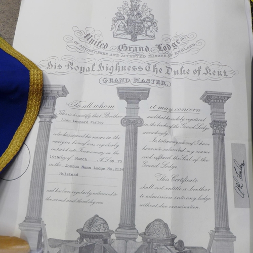 747 - A collection of Masonic regalia including two silver medals