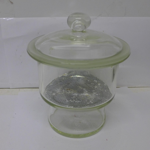 827 - A scientific glass laboratory desiccator, with lid, labelled Moncrieff, Perth, Scotland, 27cm