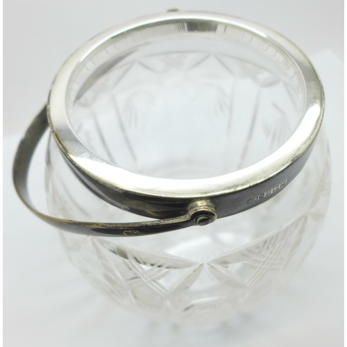 858 - A silver topped glass lidded biscuit barrel, Hukin & Heath, Birmingham 1937, a/f (lid lacking knob)