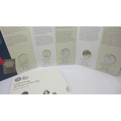 868 - The Royal Mint Celebrating 50 Years of the 50p British Culture set, five brilliant uncirculated 50p ... 