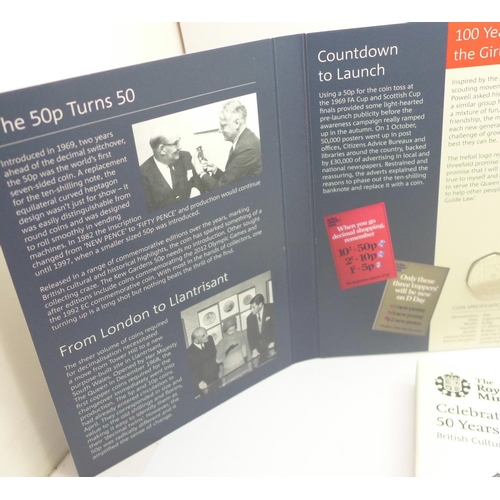 868 - The Royal Mint Celebrating 50 Years of the 50p British Culture set, five brilliant uncirculated 50p ... 