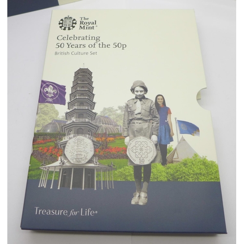 869 - The Royal Mint Celebrating 50 Years of the 50p British Culture set, five brilliant uncirculated 50p ... 