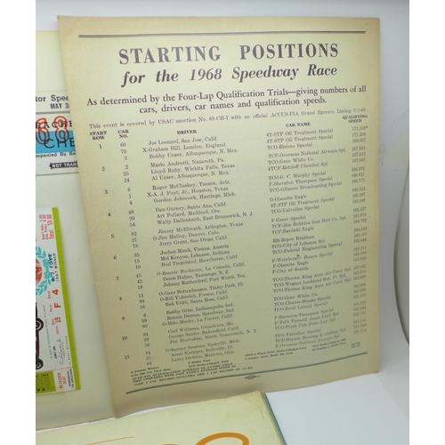 870 - A 1968 Indianapolis 500 Official Programme, The 52nd 500 with ticket, time trials tickets, return ch... 