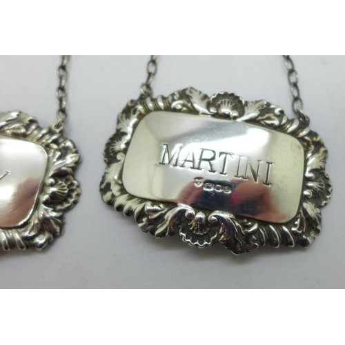 878 - Two silver bottle labels, Martini, London 1971 and Sherry, London 1963