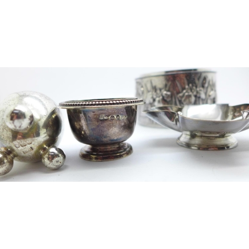 887 - Three items of hallmarked silver and a white metal pot with Chinese mark, 255g