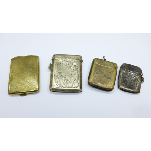 907 - A silver vesta case, a/f, 14g, two other vestas and a matchbox holder