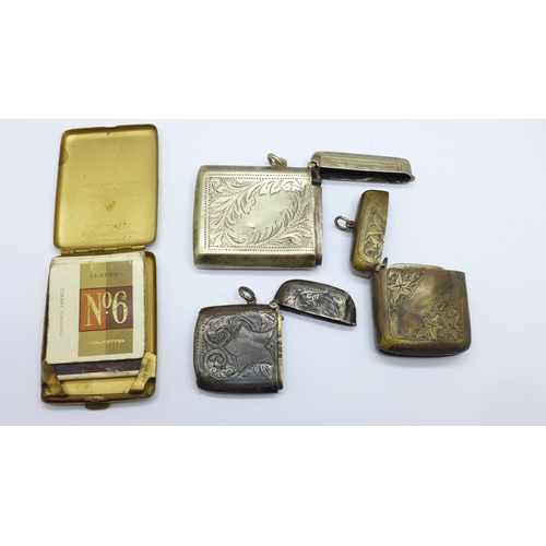 907 - A silver vesta case, a/f, 14g, two other vestas and a matchbox holder