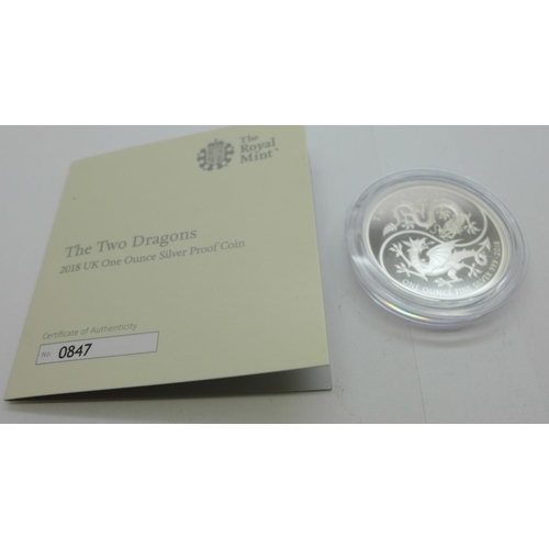 924 - The Two Dragons 2018 UK one ounce fine silver proof coin with Certificate of Authenticity, no. 0847