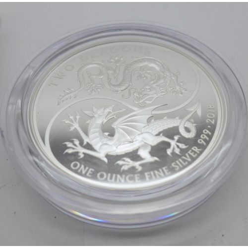 924 - The Two Dragons 2018 UK one ounce fine silver proof coin with Certificate of Authenticity, no. 0847