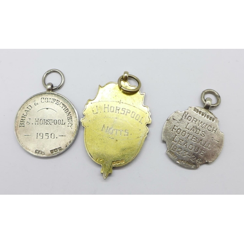 941 - Three silver fobs including Norwich Lads Football League 1923/24, 34g