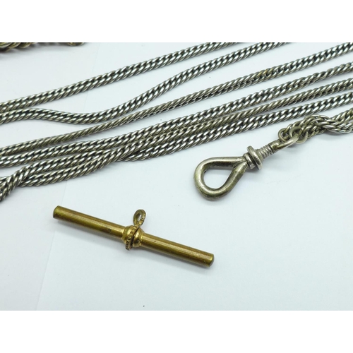 945 - A white metal guard chain, a silver Albert, 18g, and a leather Albert